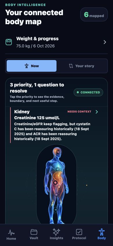Current STREAM app Body screen showing connected health information