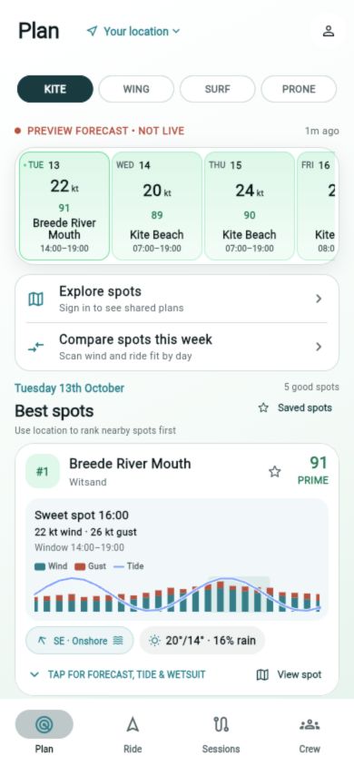Current TRIM planning screen, labelled preview forecast, showing spot comparison and conditions