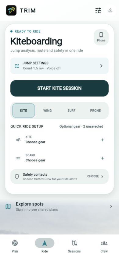 Current TRIM app ride setup screen for kiteboarding